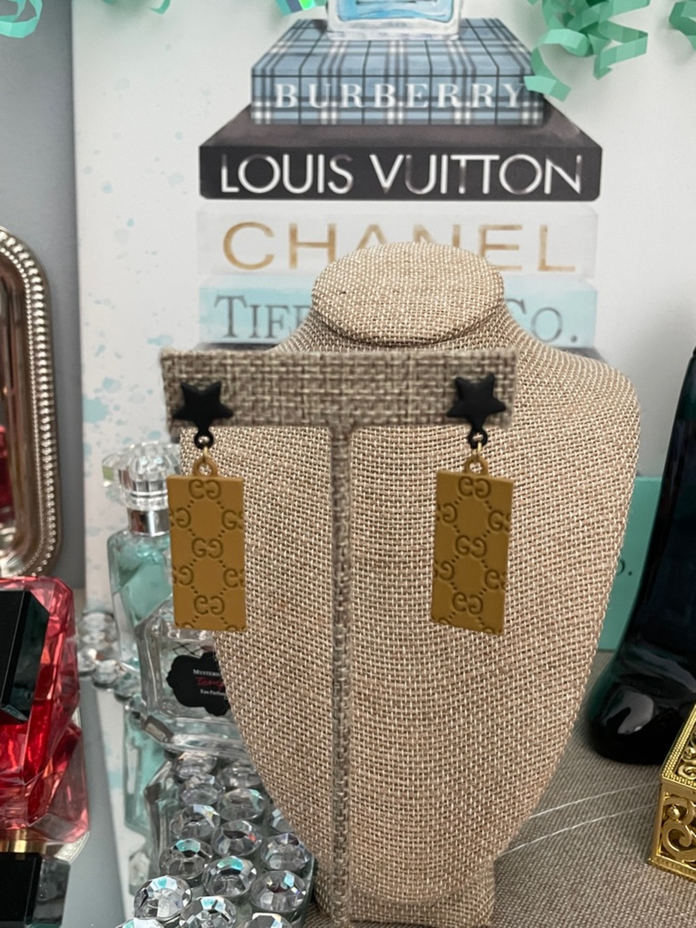 ✨Tan Monogram Rectangle Drop Earrings with Black Star Studs✨Preloved